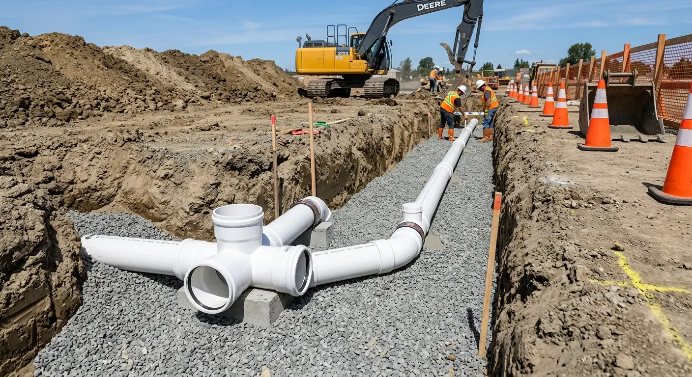 New PVC sewer pipe installation in open trench for Sewer Backup in St. Augustine Shores