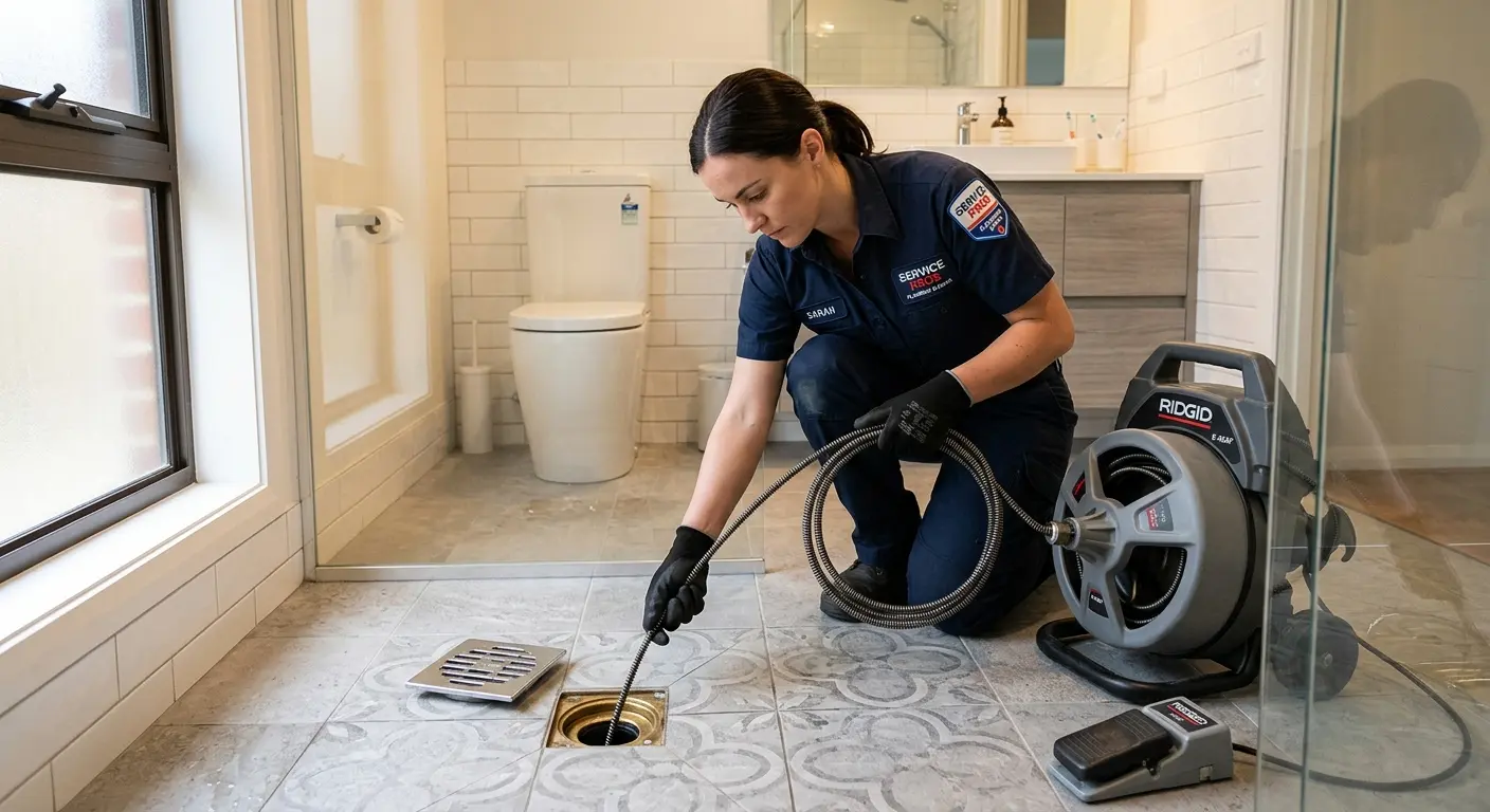 Technician clearing a bathroom floor drain for Hydro Jetting in St. Augustine Shores